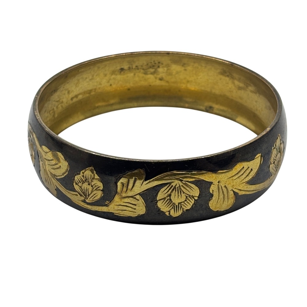 Vintage Brass Black Enamel Etched Floral Vine Bangle Bracelet Gold Tone Boho